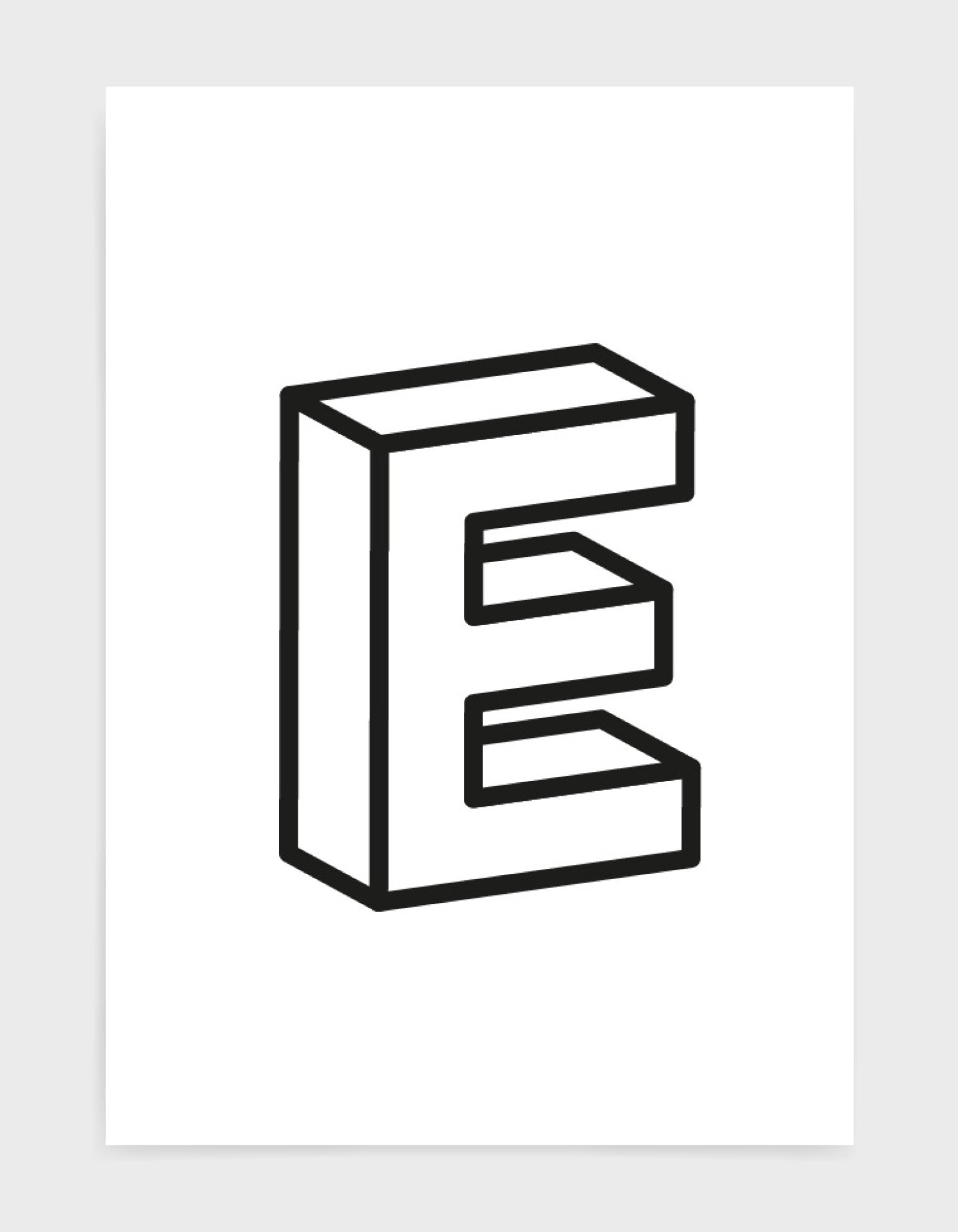 monochrome typography alphabet print depicting the letter E in 3D black type
