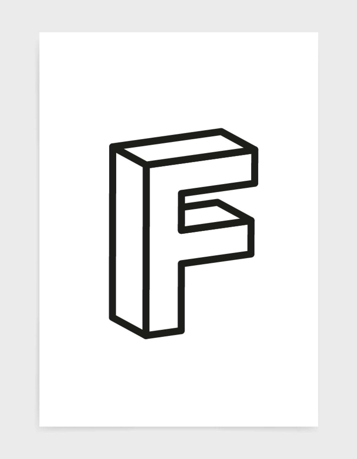 monochrome typography alphabet print depicting the letter F in 3D black type