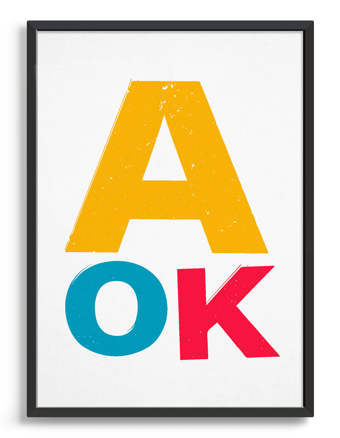 Fun typography print with lettering AOK the A is large and in yellow whilst the o is blue and k is red. This is set against a white background