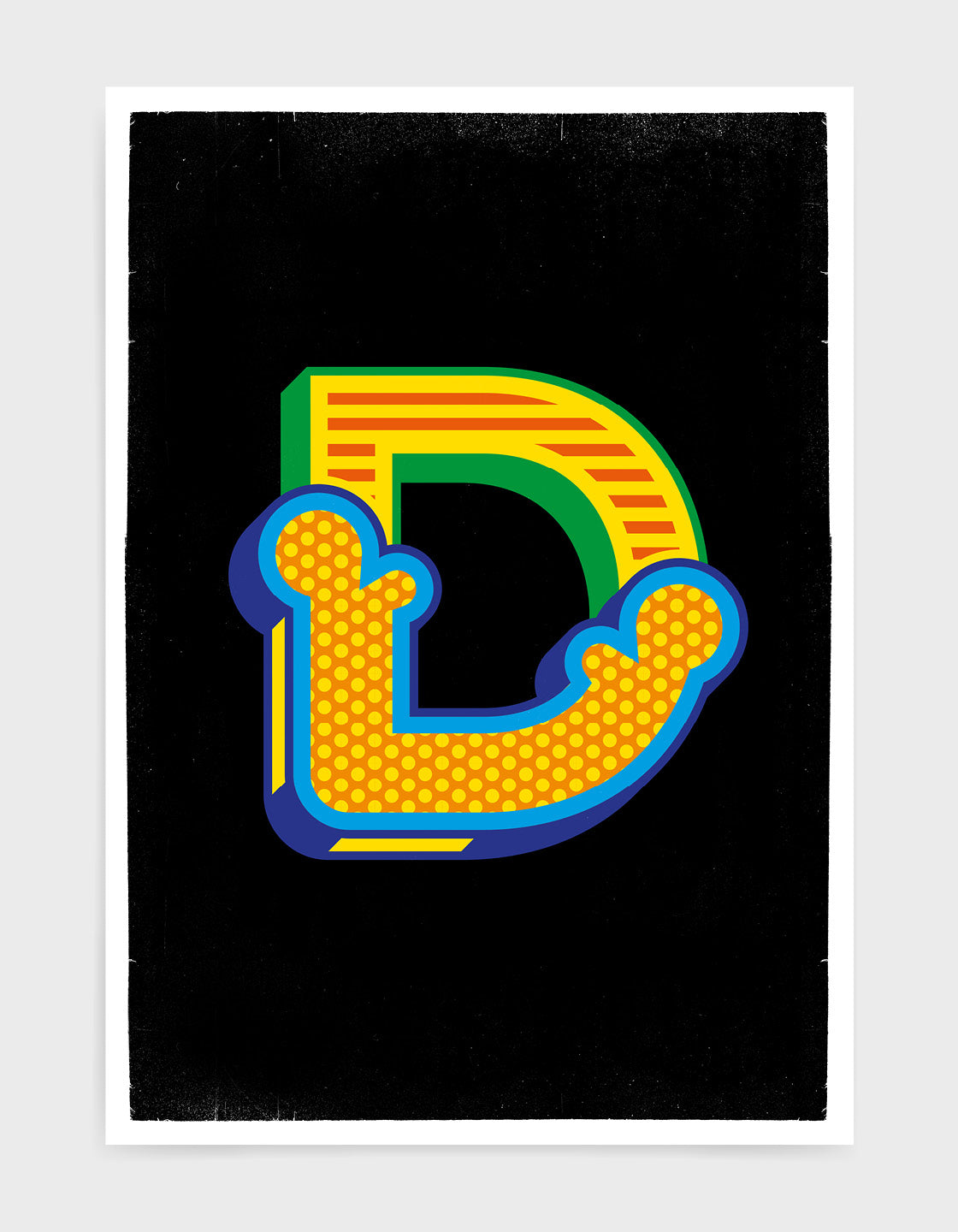Letter D Custom initial print in a bright custom font against a black background