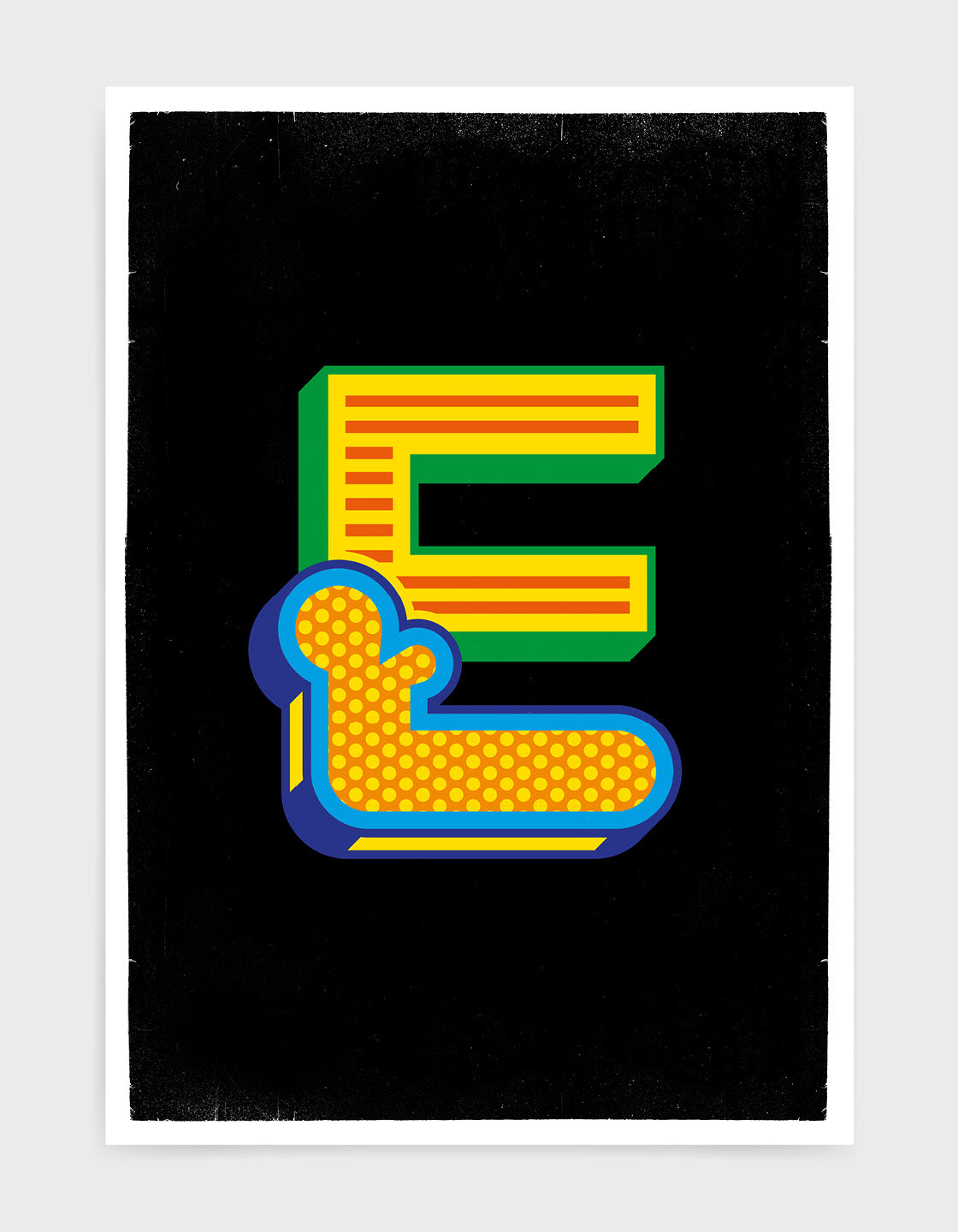 Letter E Custom initial print in a bright custom font against a black background