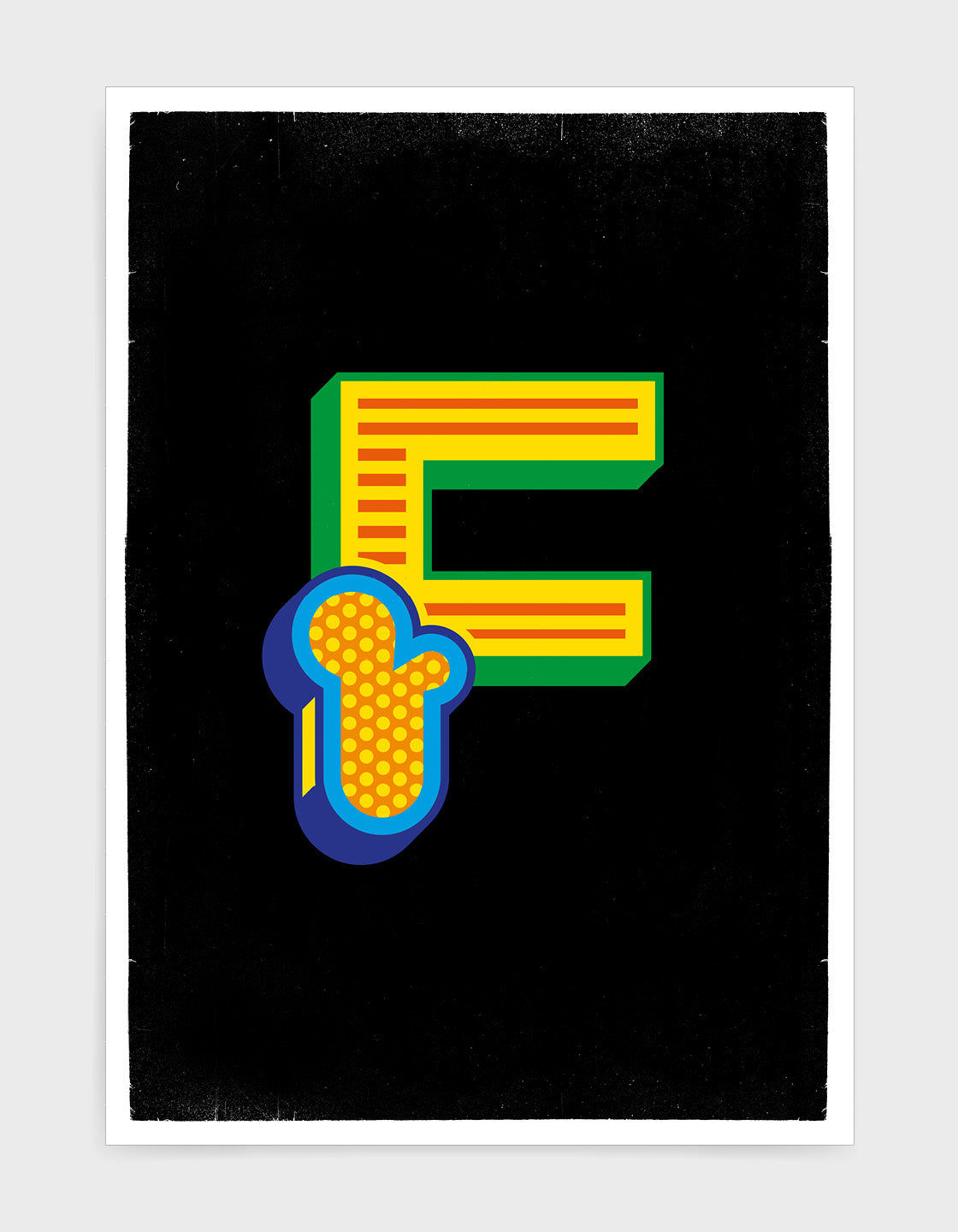 Letter F Custom initial print in a bright custom font against a black background
