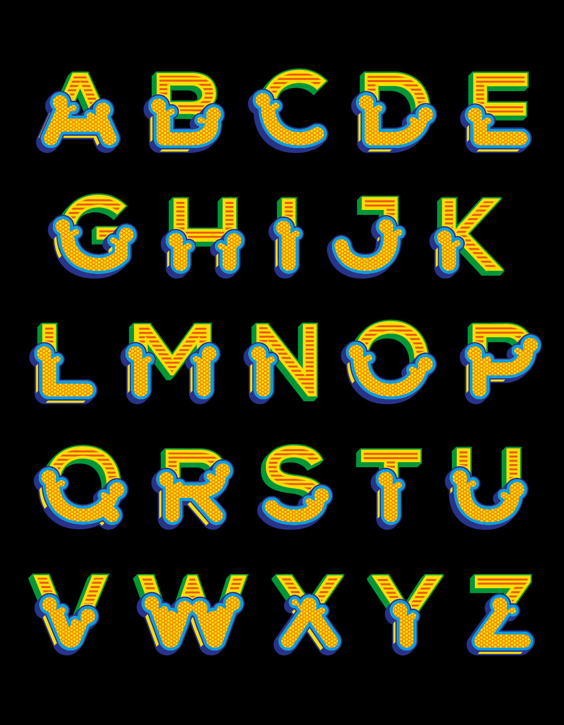 Full alphabet of custom circus font letters against a black background