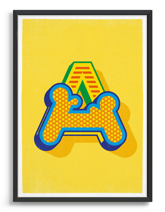 Bold yellow typography print featuring the initial of your choice in a custom circus style font