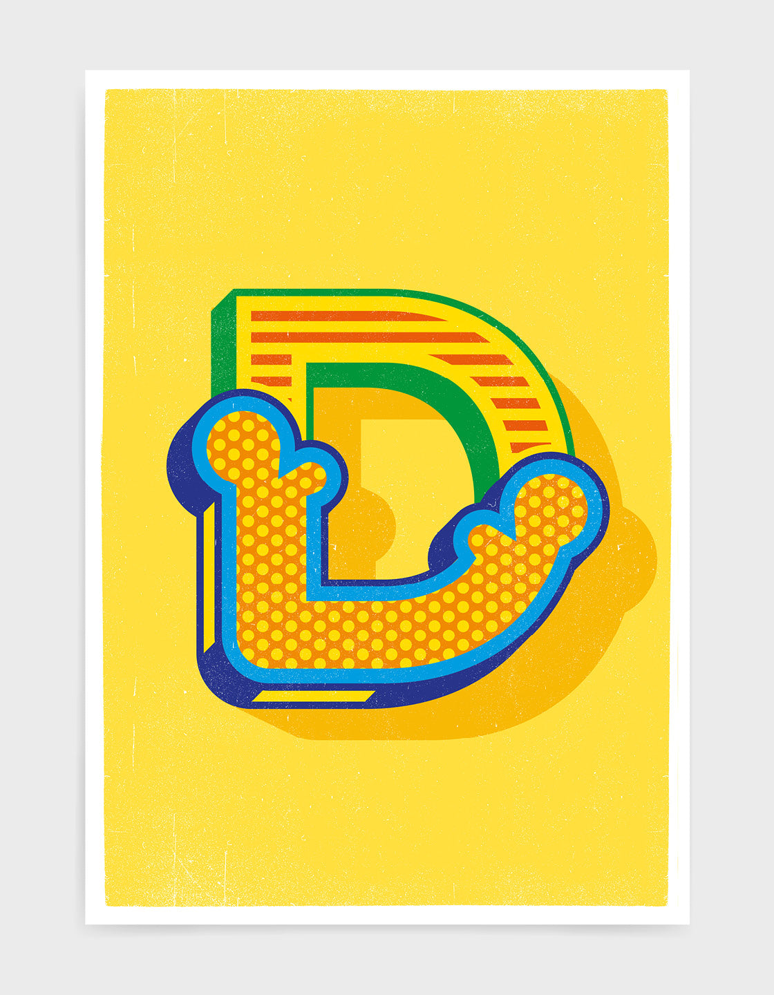 Bold yellow typography print featuring the initial of your choice in a custom circus style font