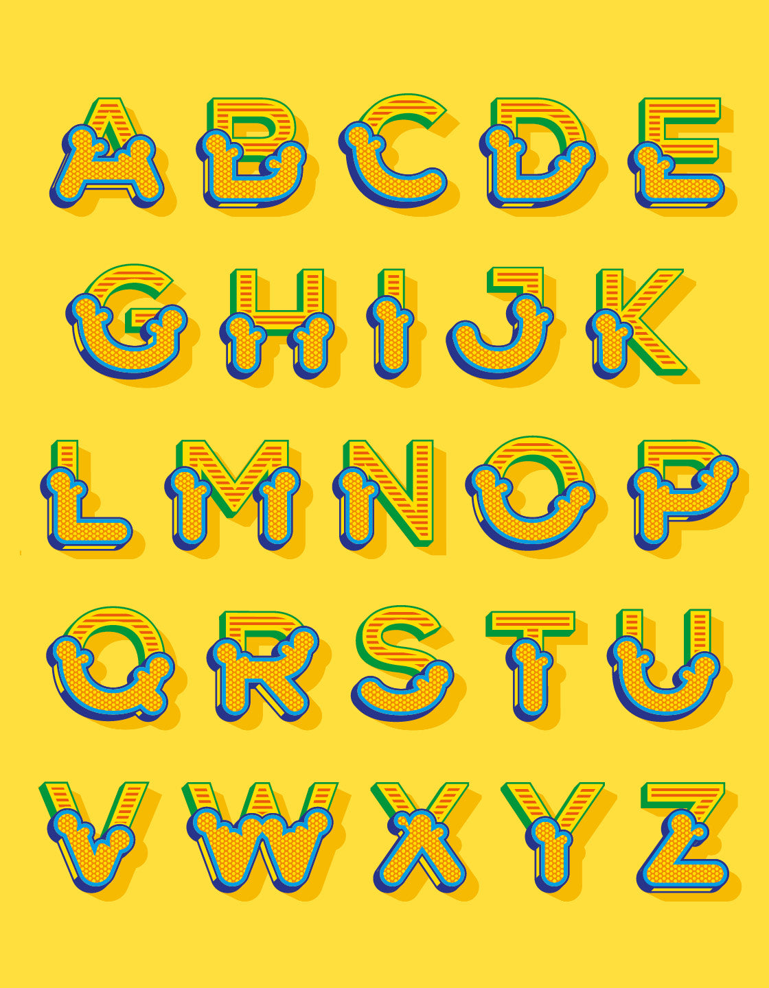 Yellow backdrop featuring the full alphabet in the circus font
