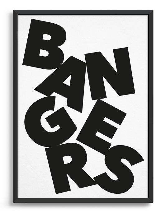 Framed typography art print of the word Bangers in black text against a white background