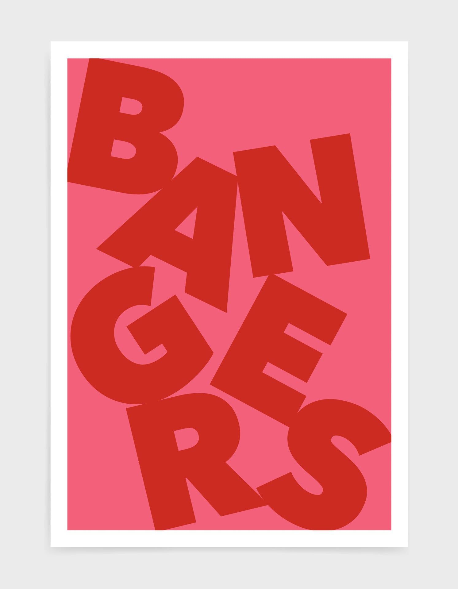 typography art print of the word Bangers in red text against a pink background