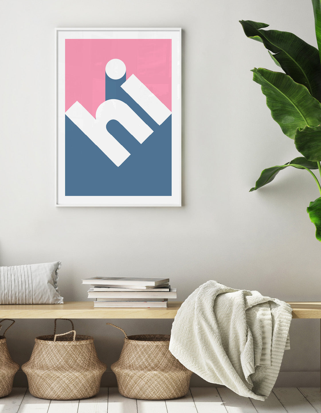bold typography print with the word hi in bold 3d lowercase text at an angle against a blue and pink background