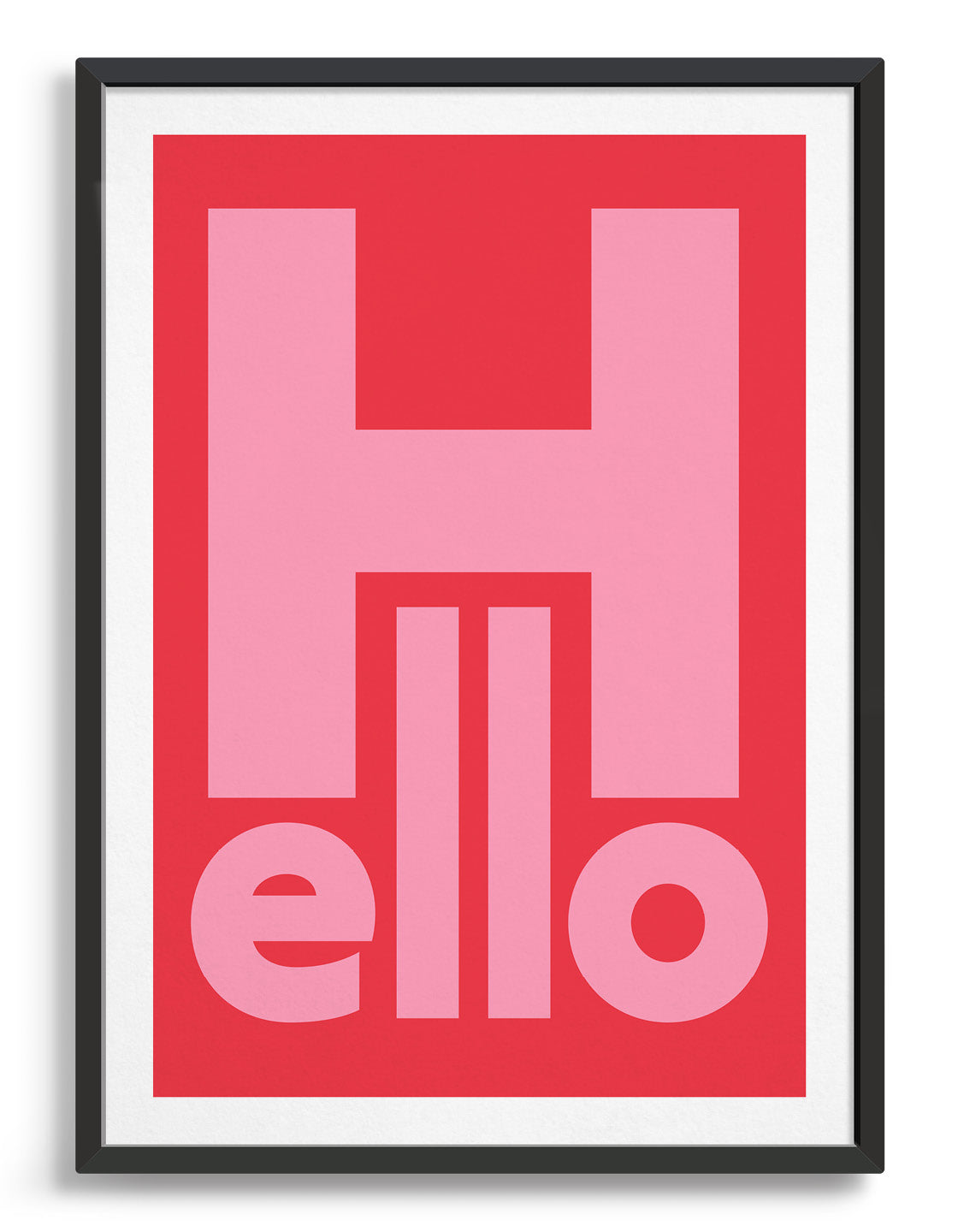 typography print with the word hello in pink bold type against a red background