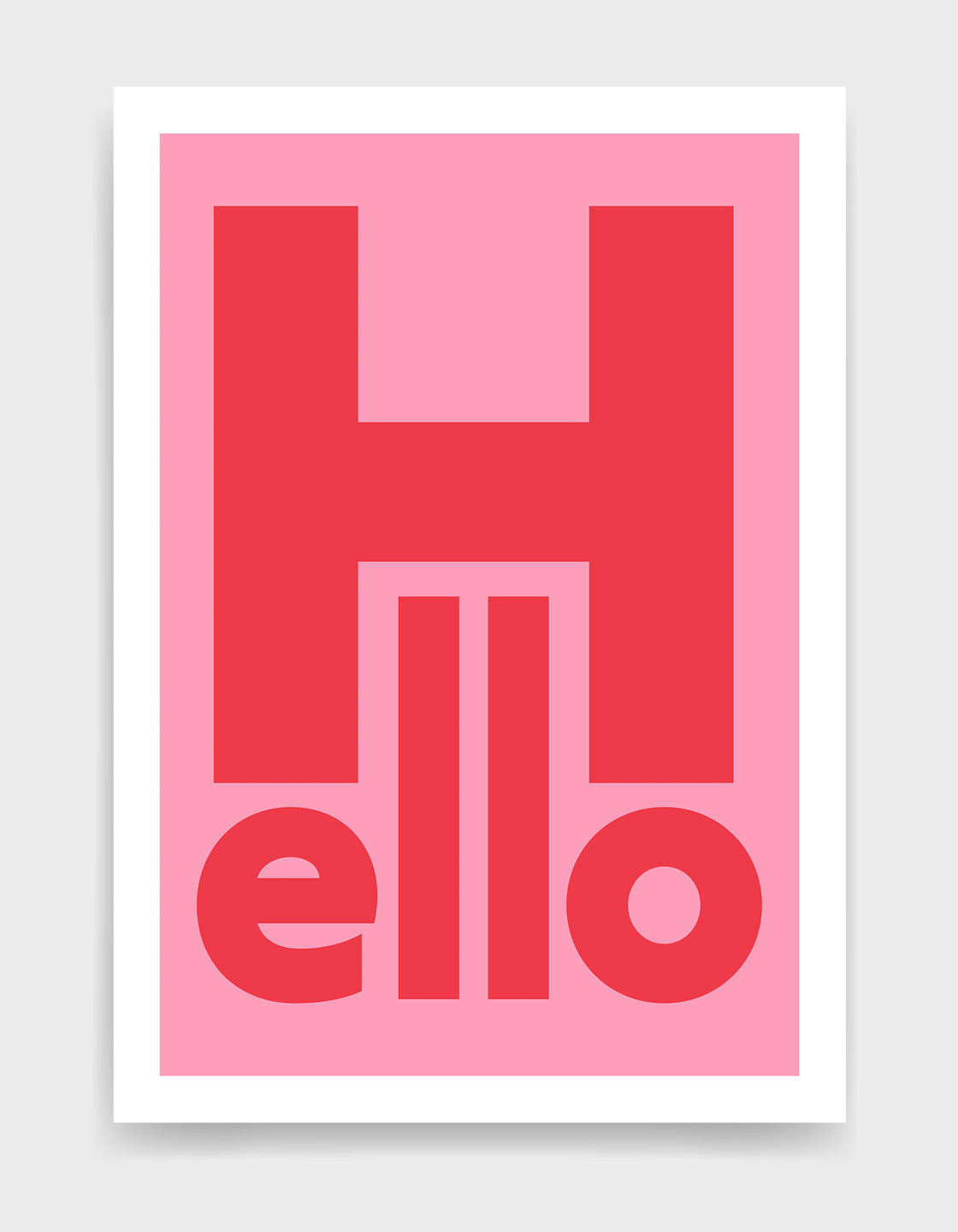 typography print with the word hello in red bold type against a pink background