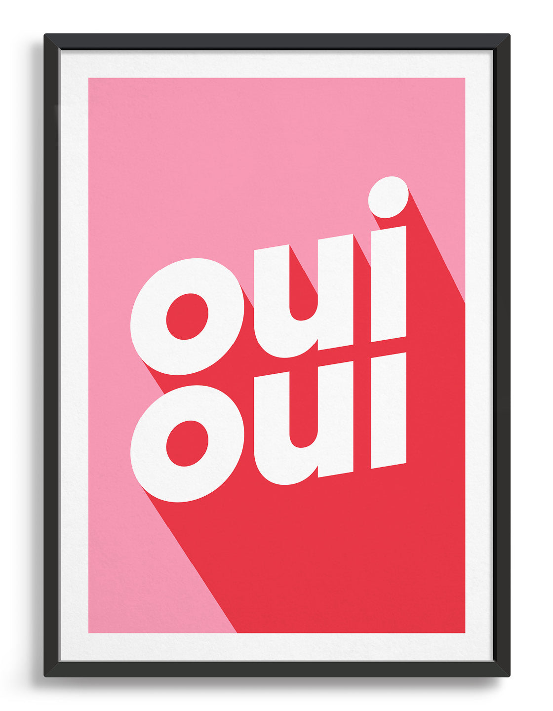 typography print with the words oui oui in bold lowercase type with red against a pink background