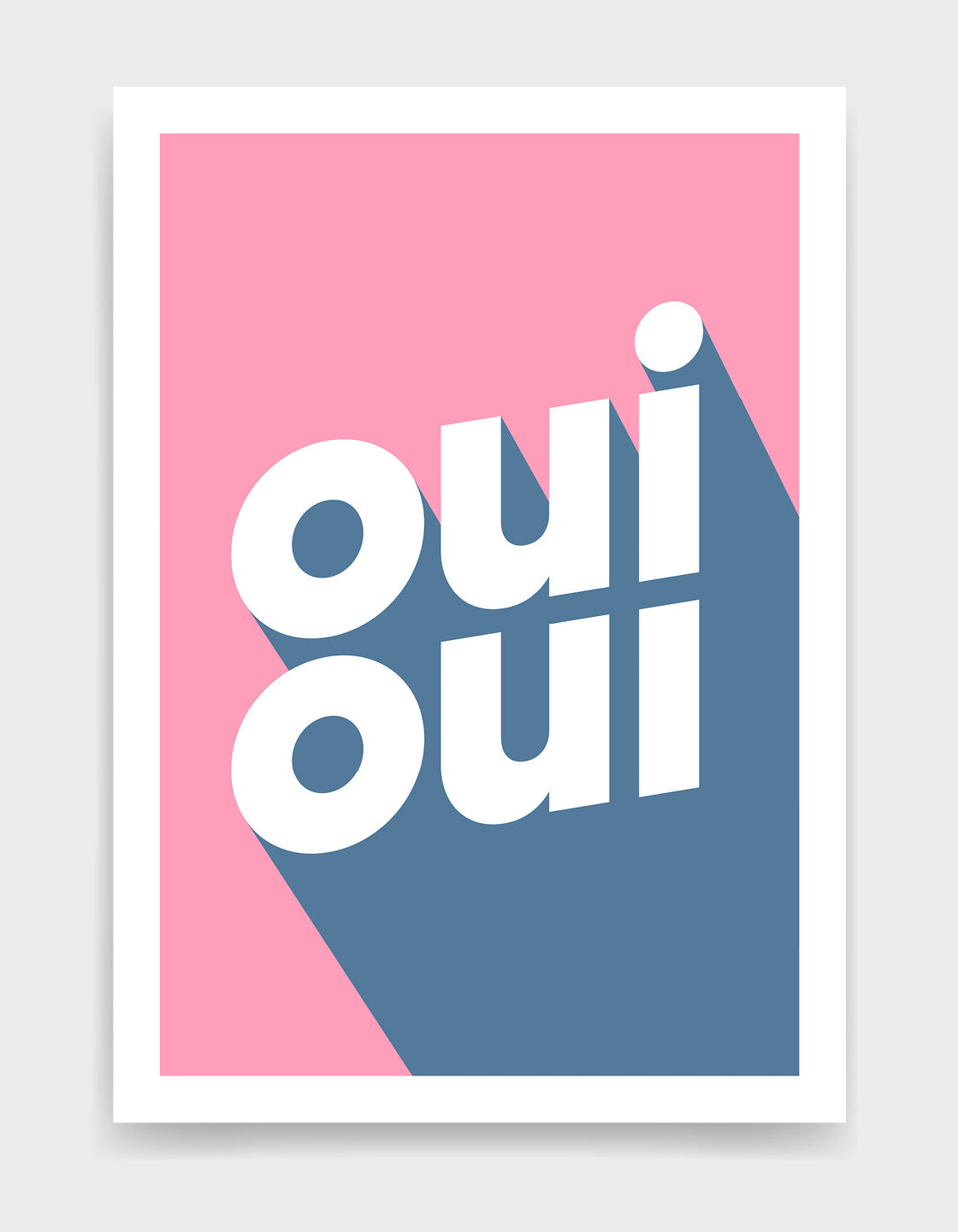 typography print with the words oui oui in bold lowercase type with blue against a pink background