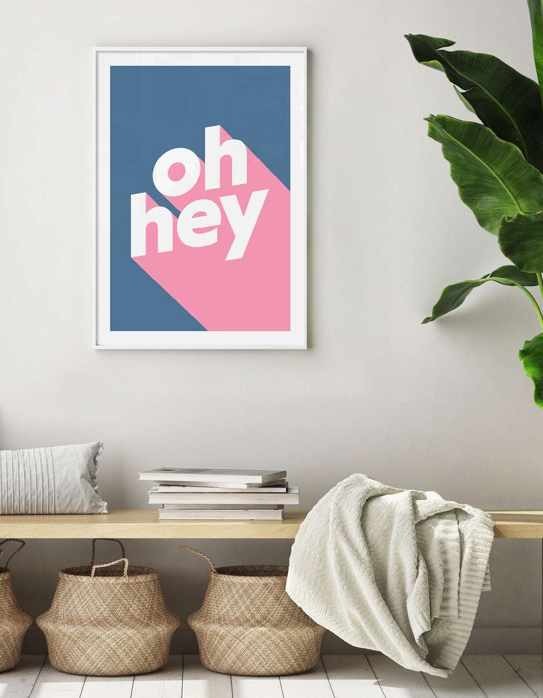 modern typography print with the words oh hey in lowercase type in white on pink against a blue background