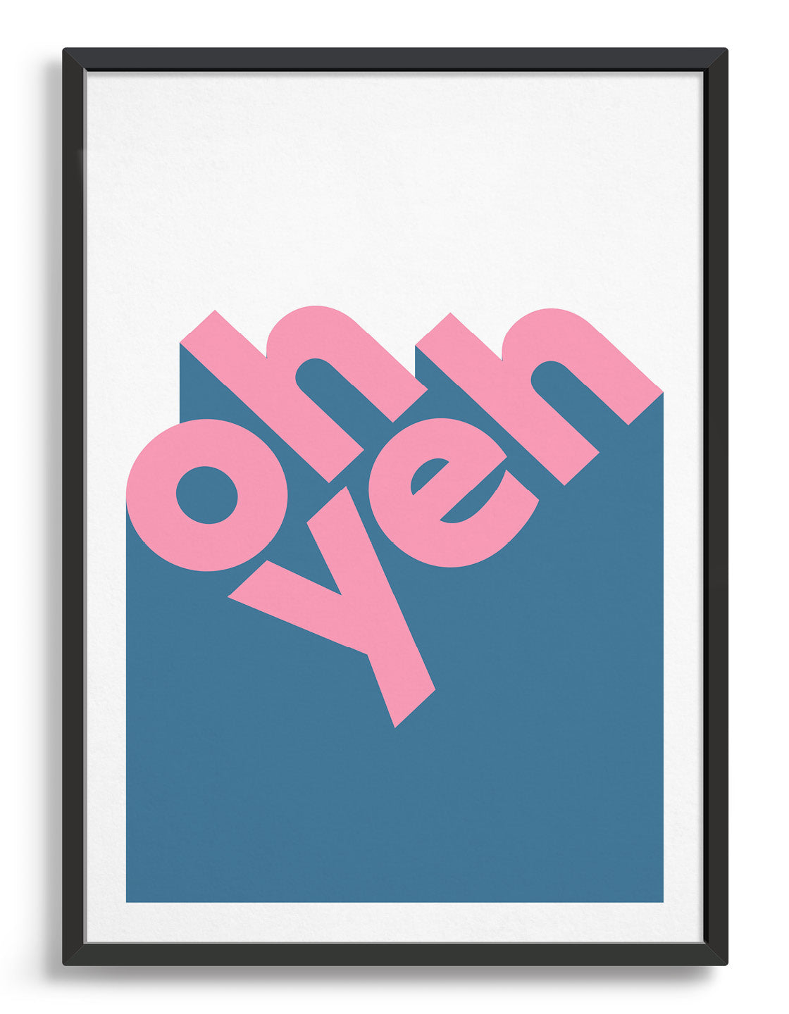 modern typography print with the words oh yeh in lower case pink text against a blue and white background