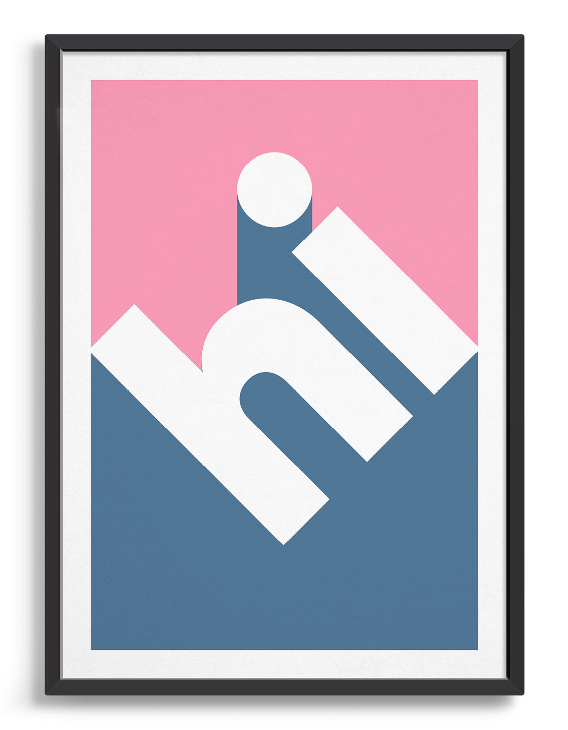 bold typography print with the word hi in bold 3d lowercase text at an angle against a blue and pink background