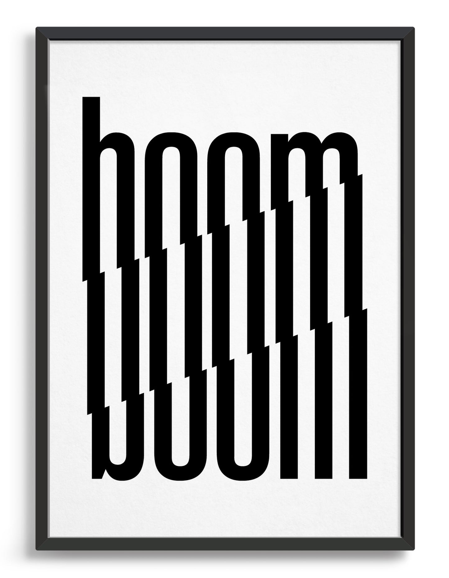 Framed typography art print of the word boom in black text against a white background