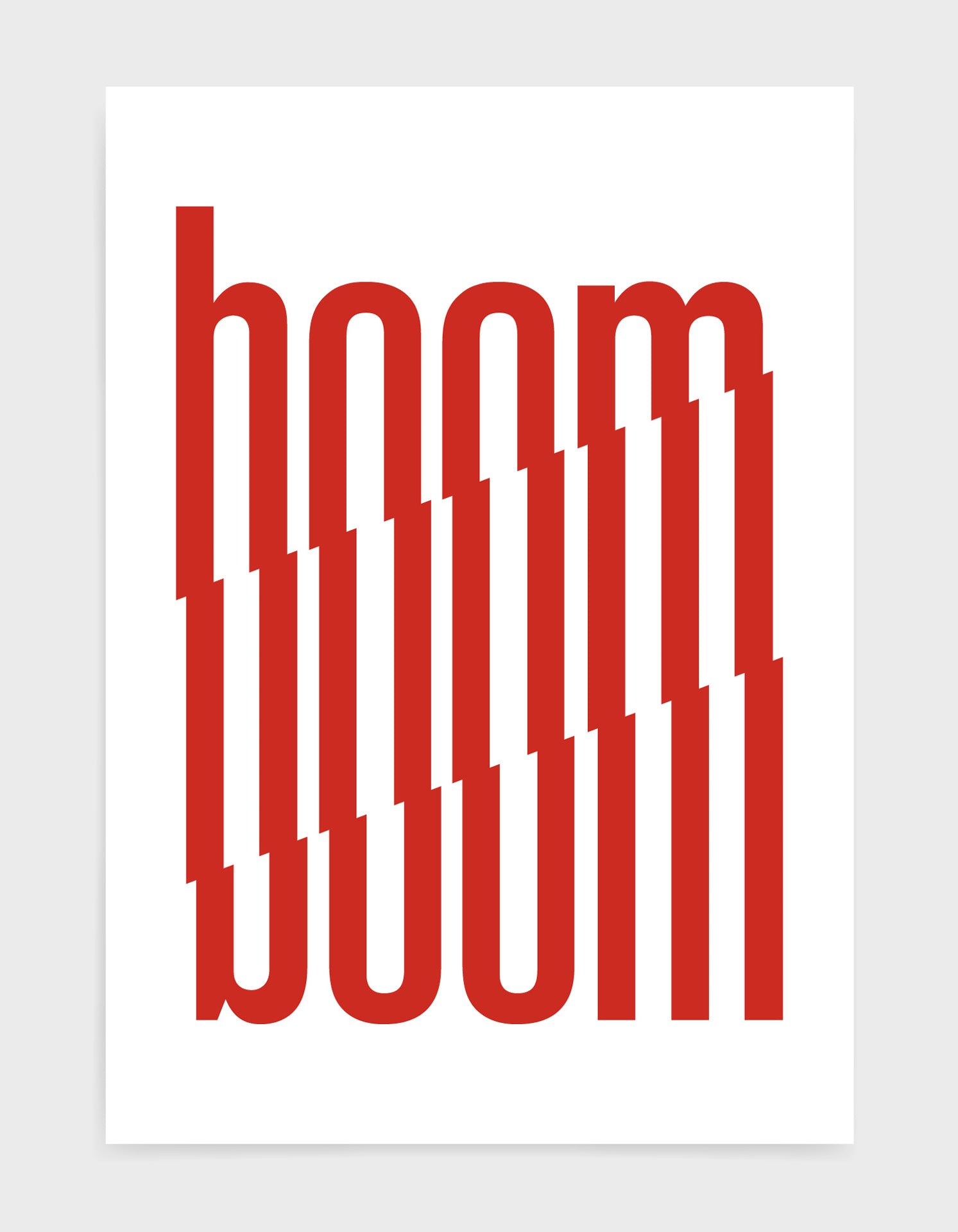 typography art print of the word boom in red text against a white background