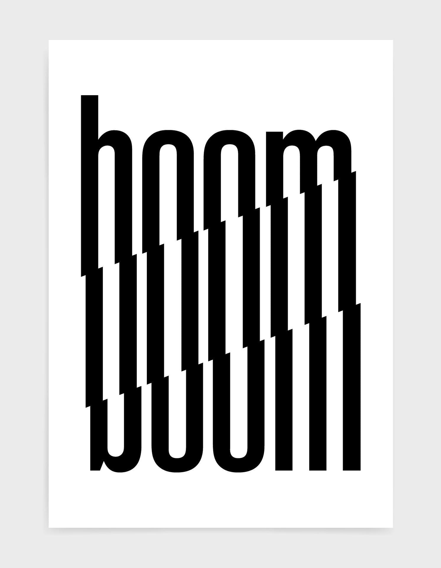 typography art print of the word boom in black text against a white background