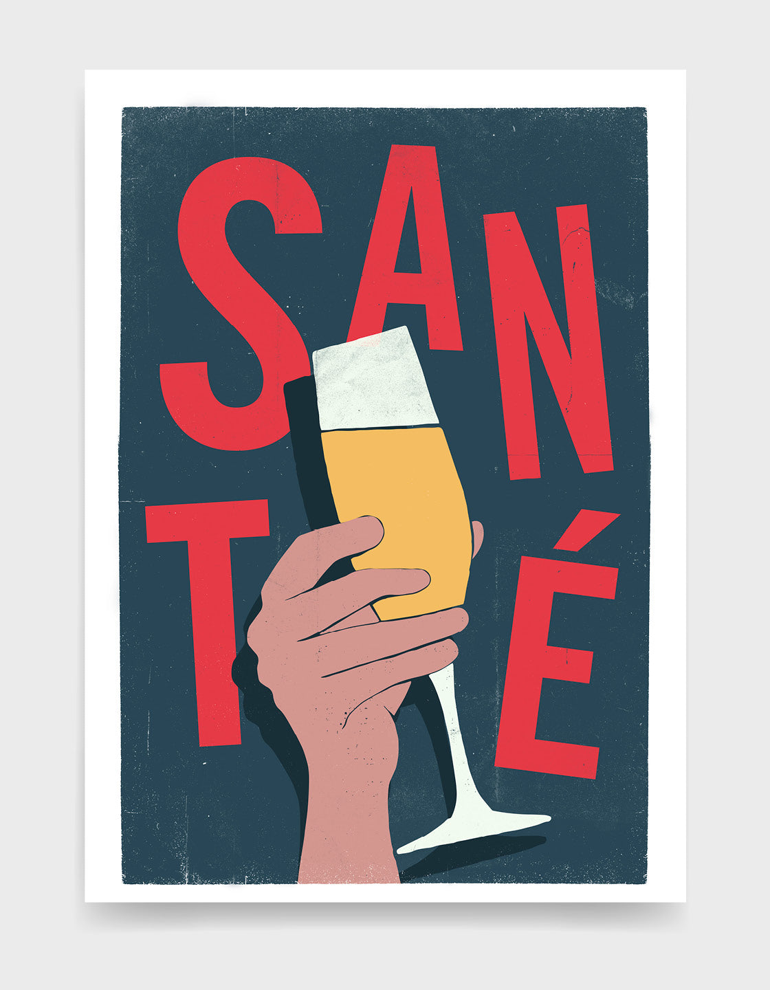 sante typography print with hand holding glass of fizz. text in red against a dark grey background