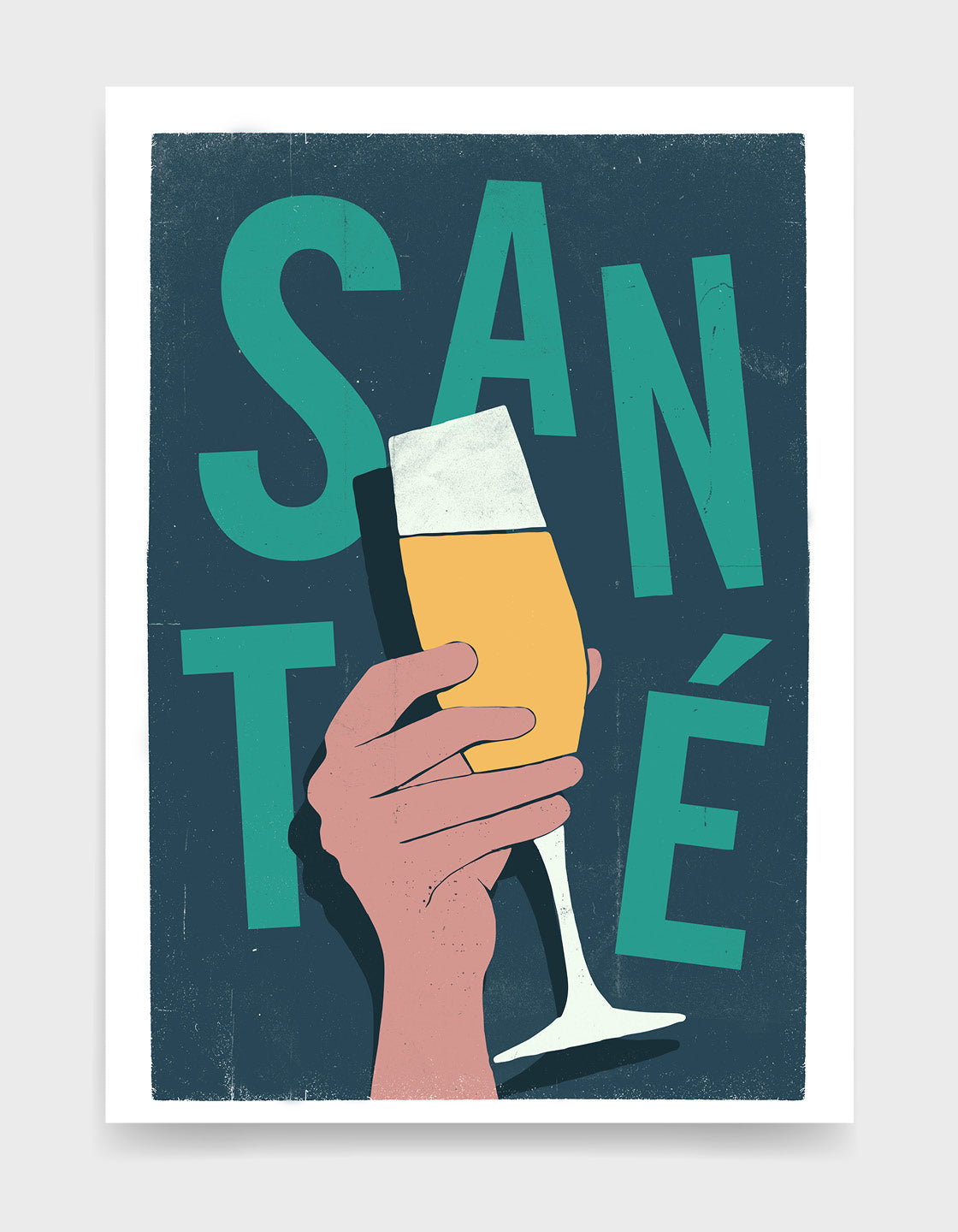 sante typography print with hand holding glass of fizz. text in green against a dark green background