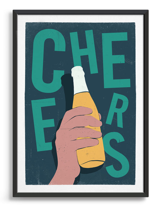 Print depicts a hand holding a bottle of beer in a 3d effect over text which says cheers in green type against a dark green background