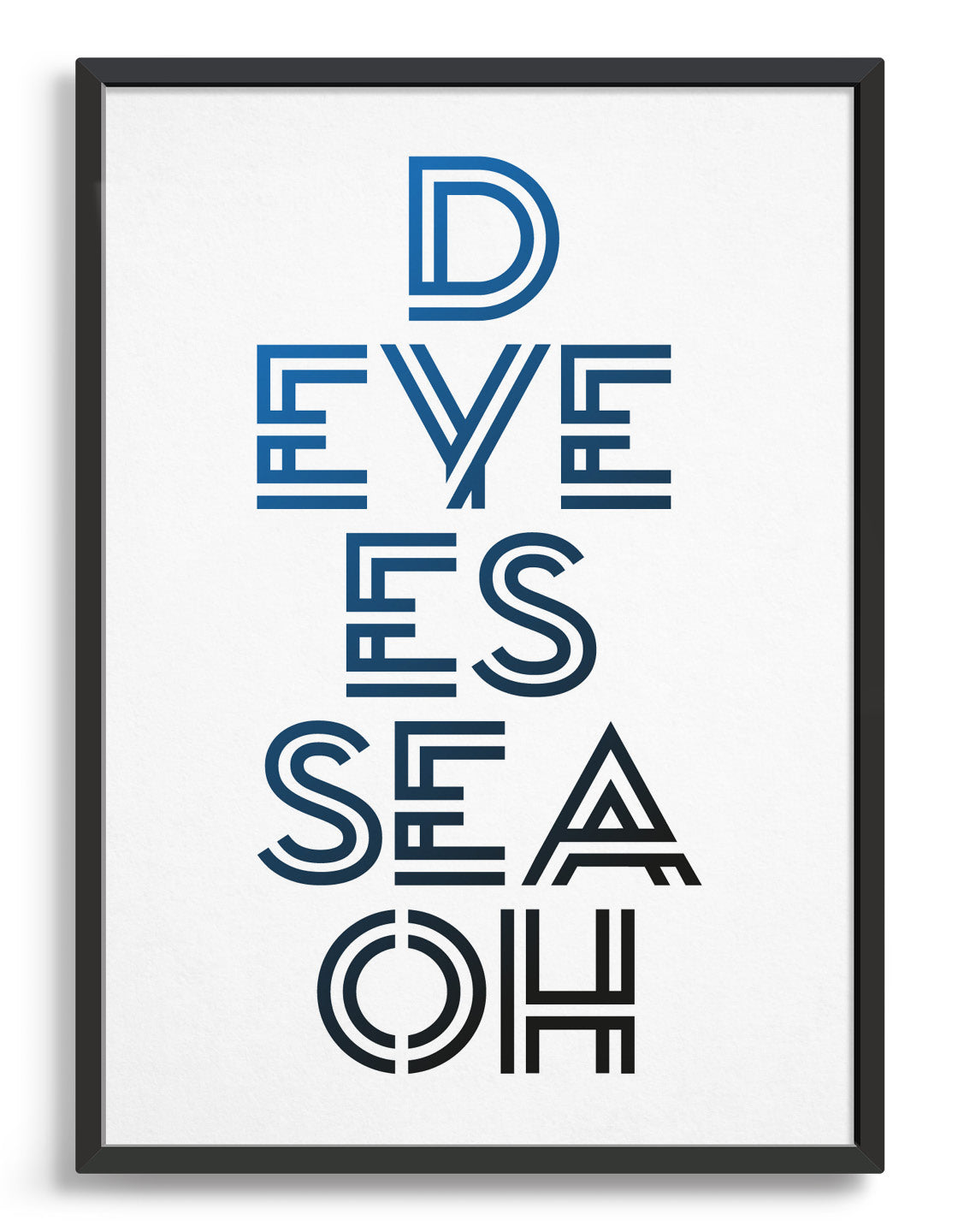 typography art print with disco spelled out d eye es sea oh on a white background