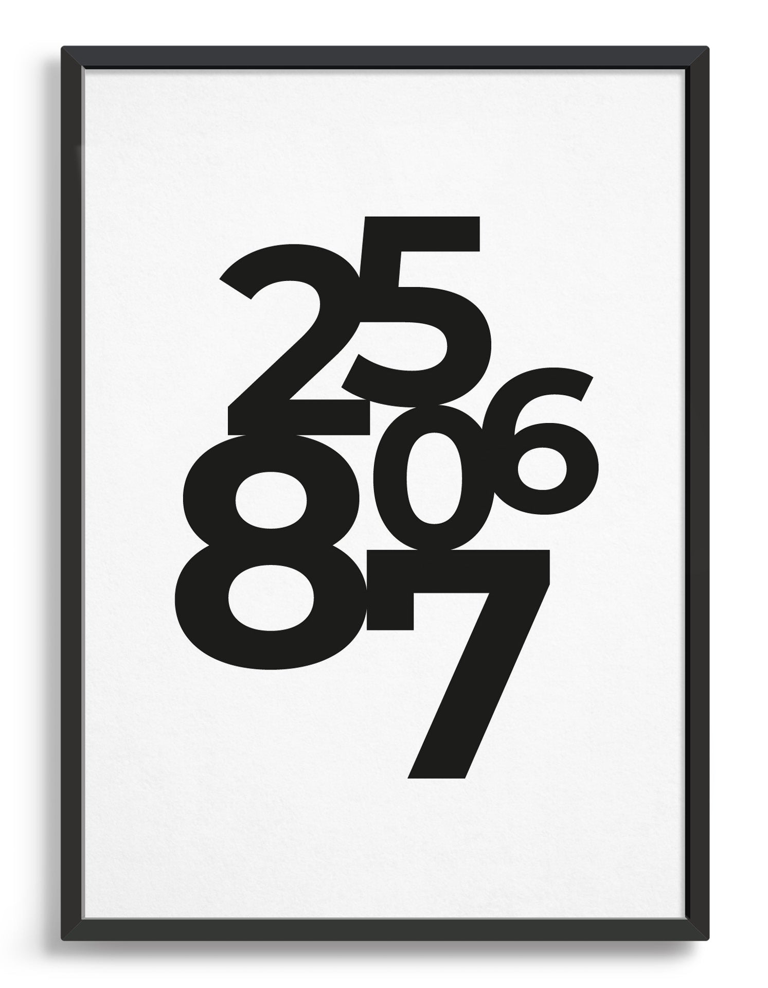 Framed typography art print of Personalised date in black text against a white background