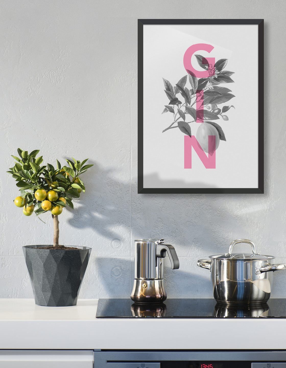 Gin typography print with monochrome botanical archive drawing and pink GIN wording