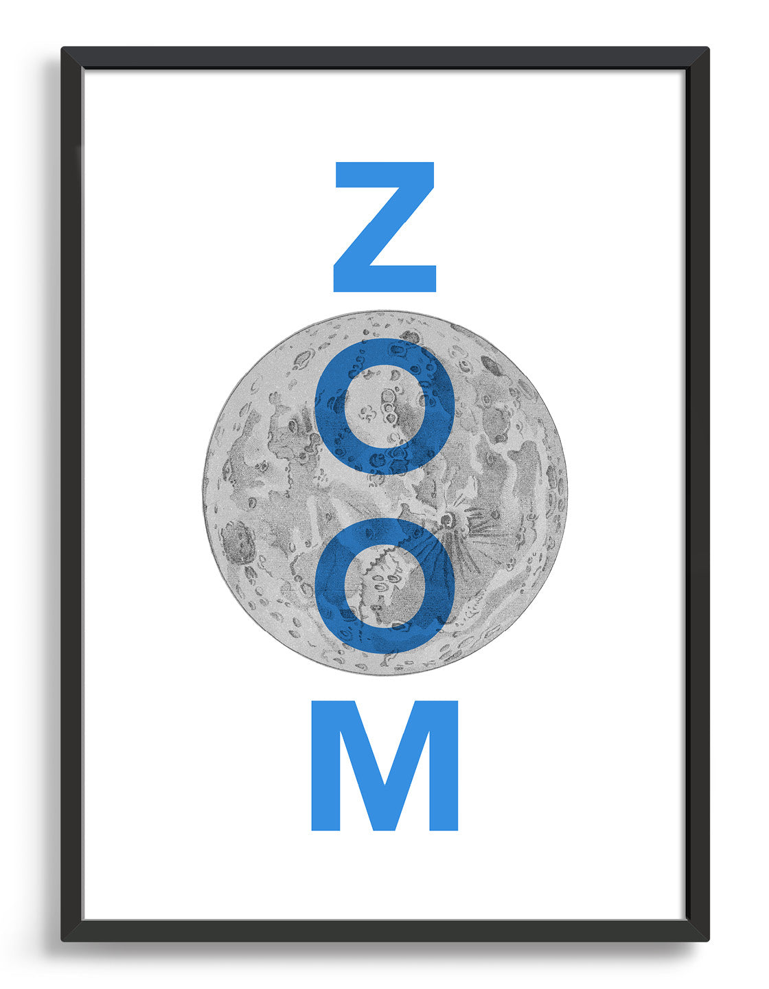 zoom to the moon typography art print. Features the word Zoom in blue text overlaid onto an archive line drawing of the moon