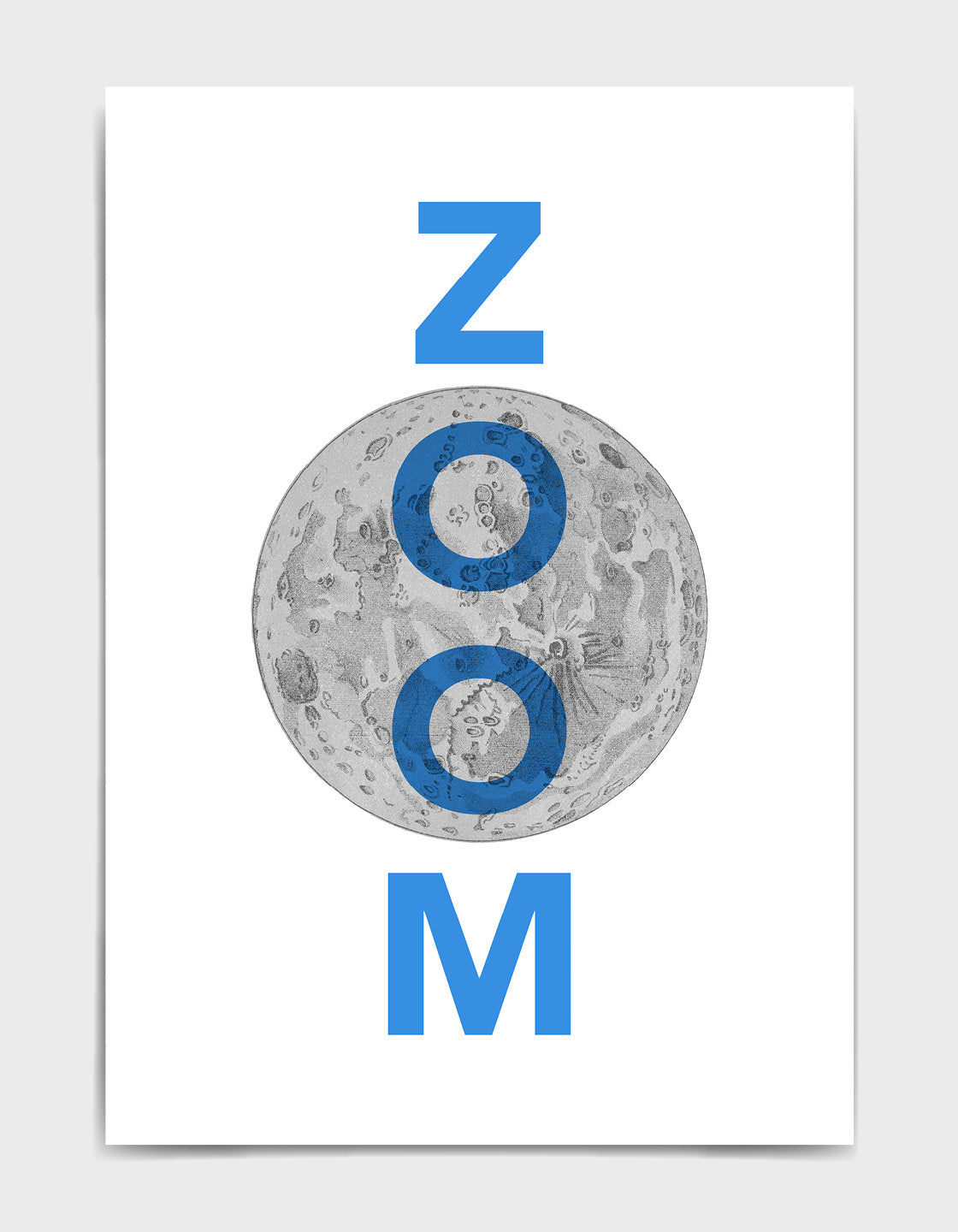 zoom to the moon typography art print. Features the word Zoom in blue text overlaid onto an archive line drawing of the moon