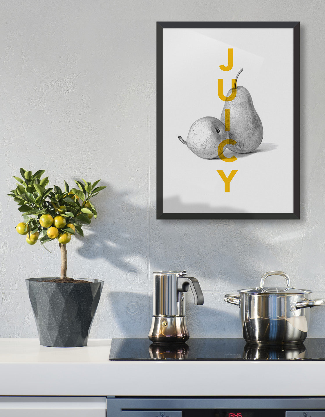 juicy pear typography print - yellow juicy text overlaid on a monochrome line drawing of pears