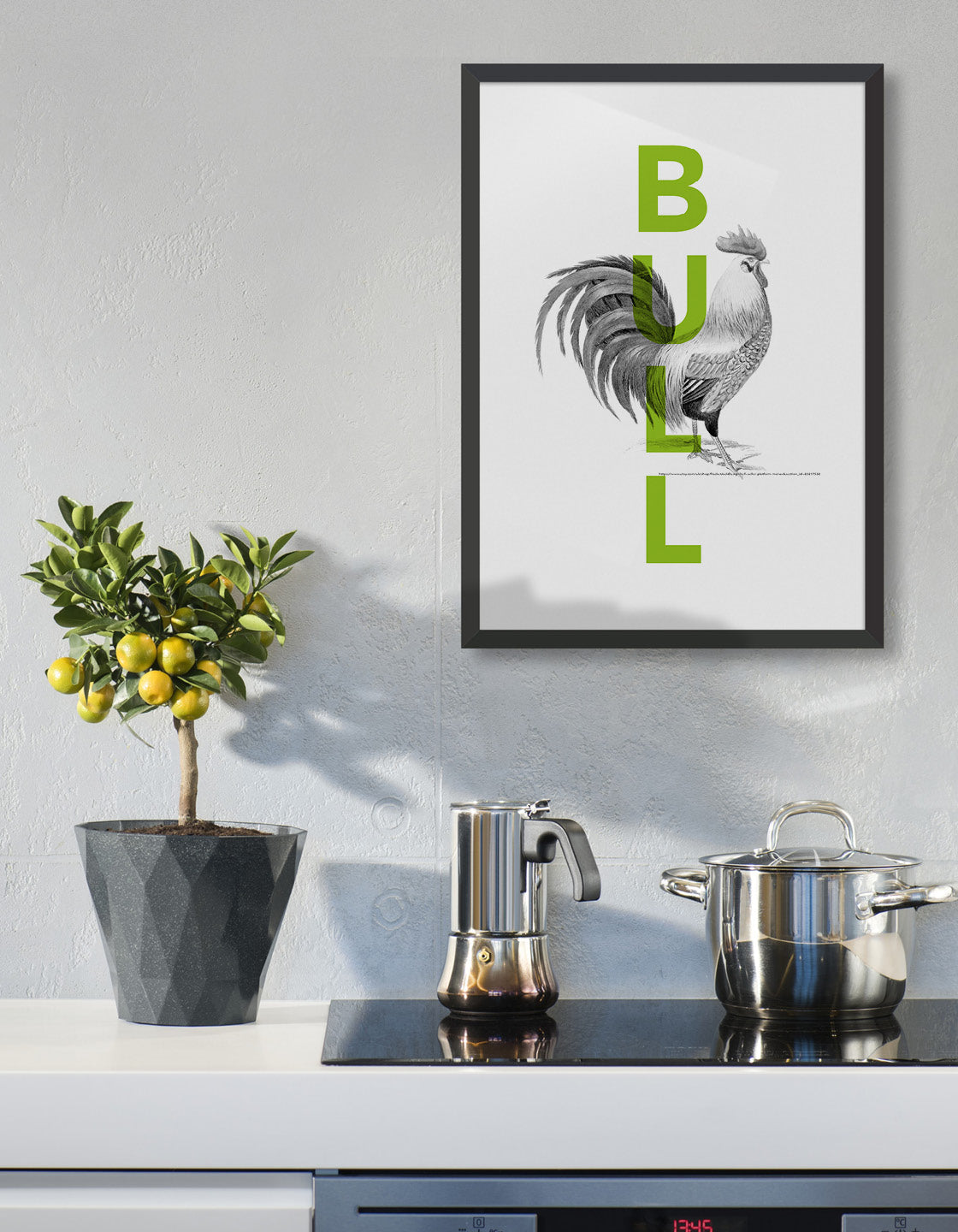 lifestyle image of a kitchen wall featuring cock and bull typography poster - green bull text overlaid on monochrome cock line drawing