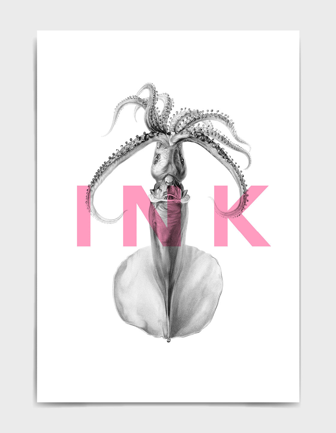 squid ink modern typography print. The word ink in pink text written horizontally over an image of a squid