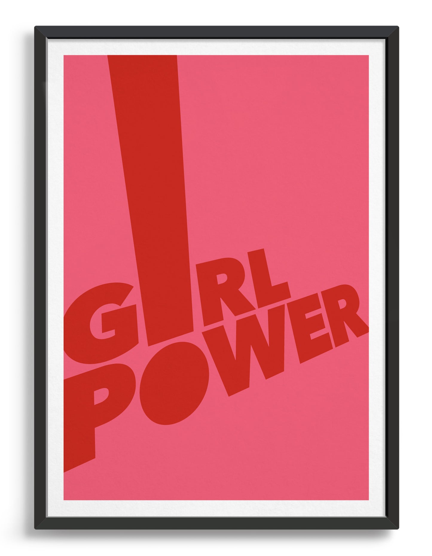 Framed typography art print of the word girl power in red text against a pink background