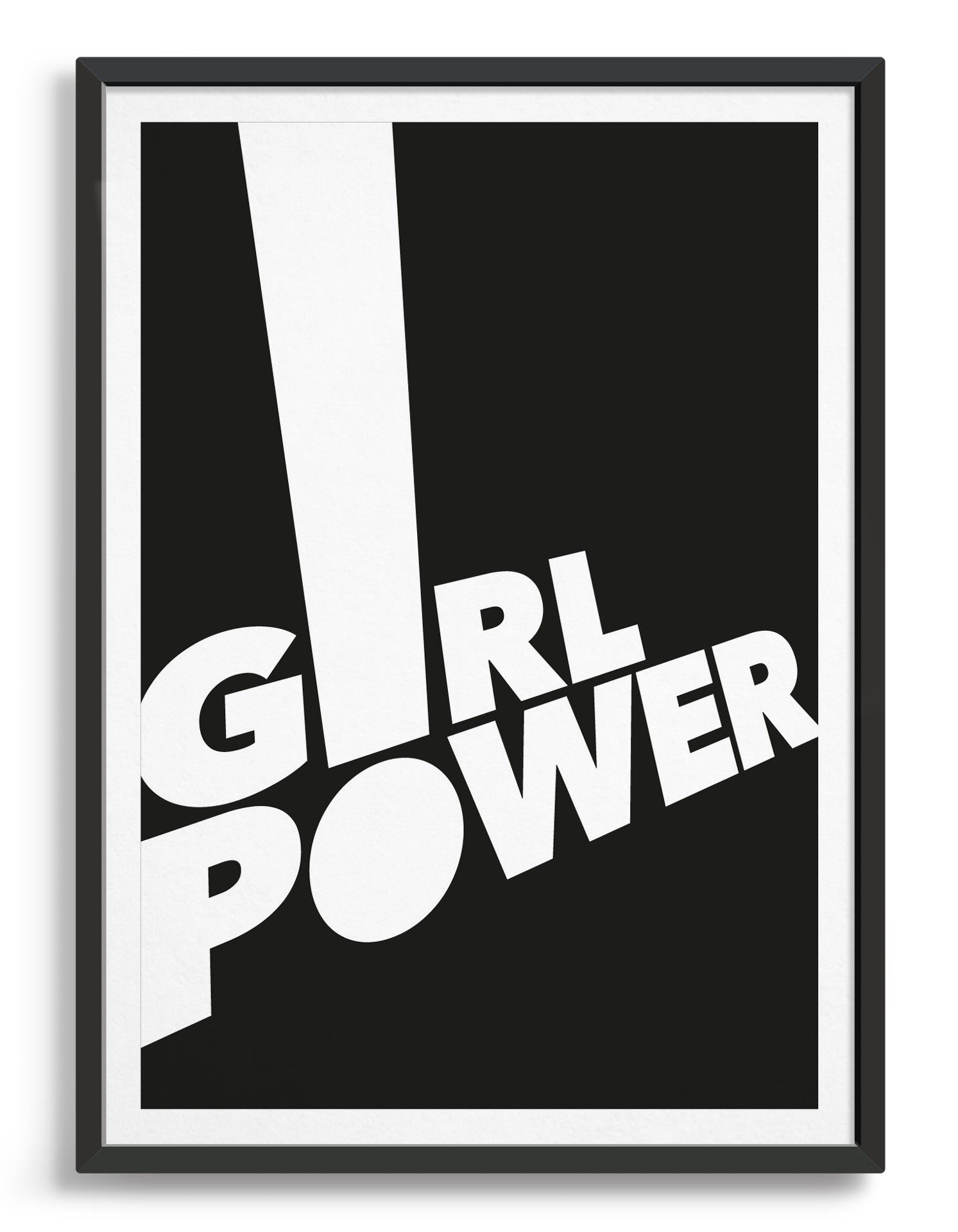 framed typography art print of the word girl power in white text against a black background