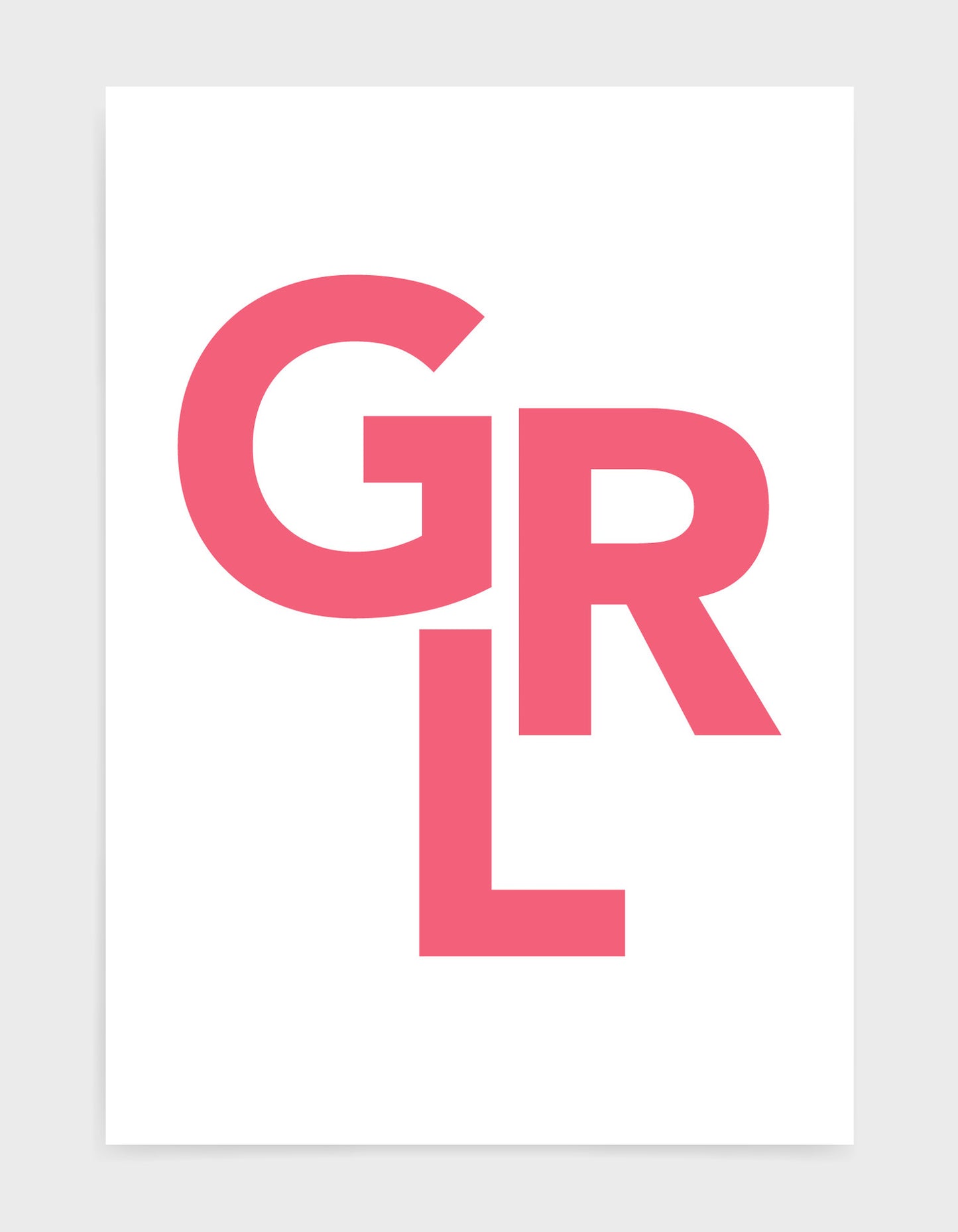 typography art print of the word GRL in pink text against a white background