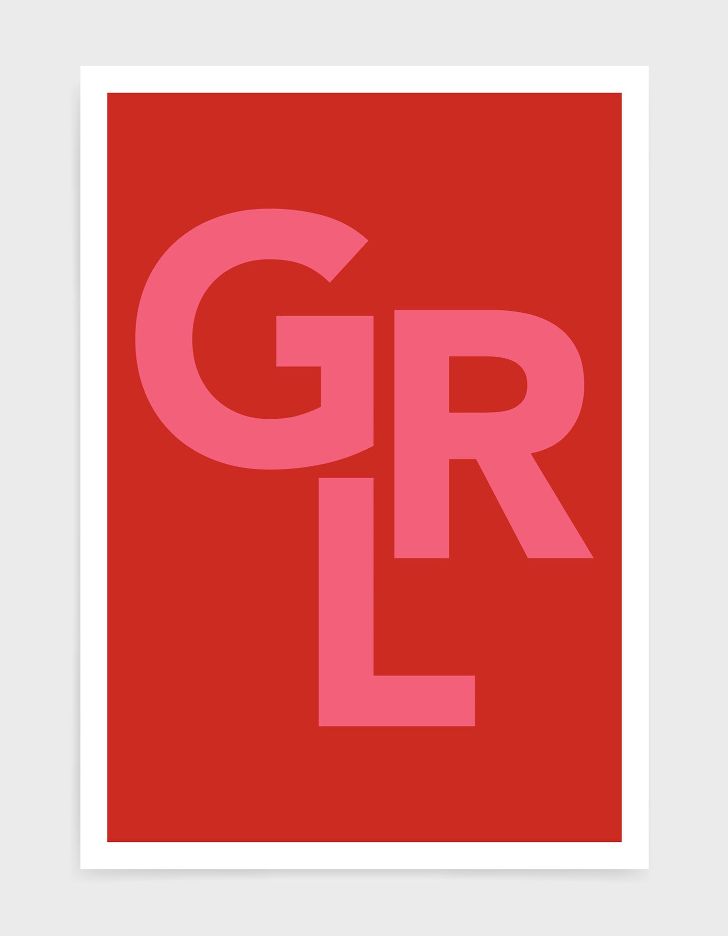typography art print of the word GRL in pink text against a red background