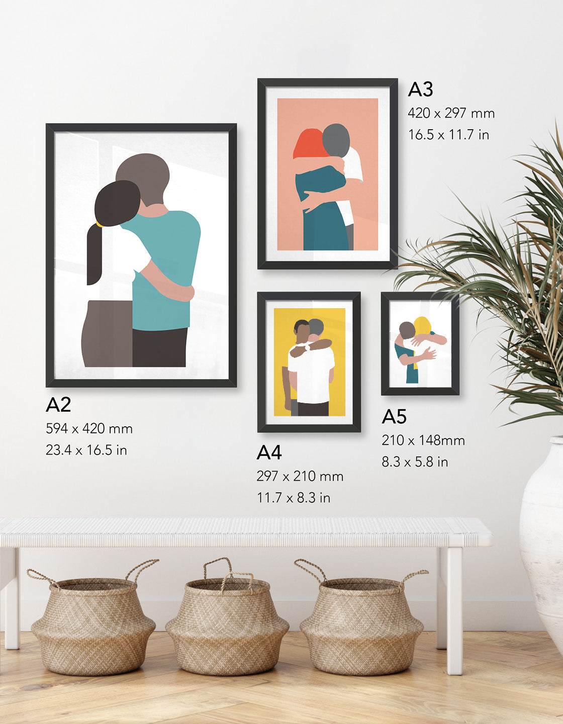 Image shows the different sizes of prints available as well as the variety of love designs in store