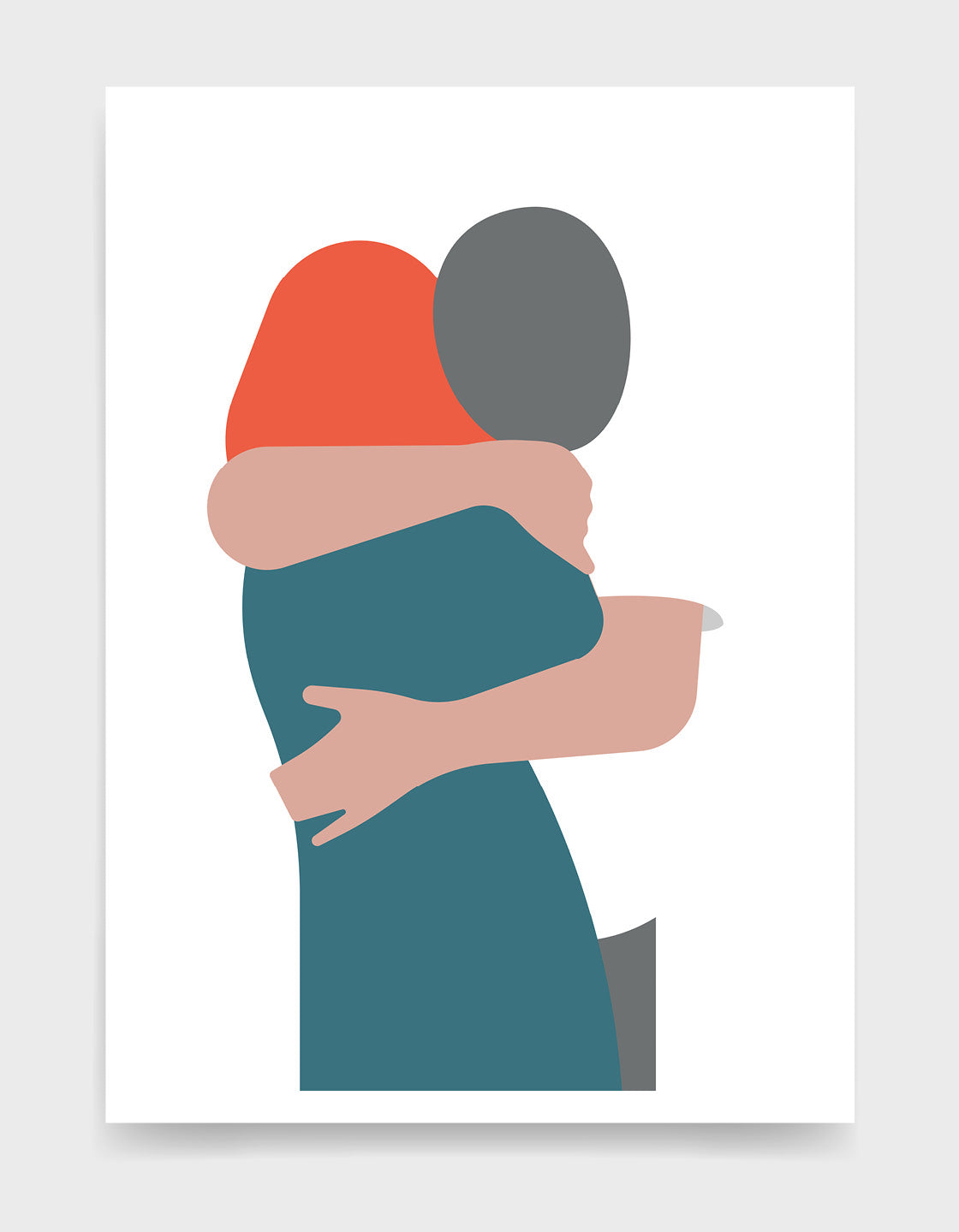 White art print depicting a woman with red hair in an embrace with a man wearing a white tshirt leaning over her shoulder a couple hugging.