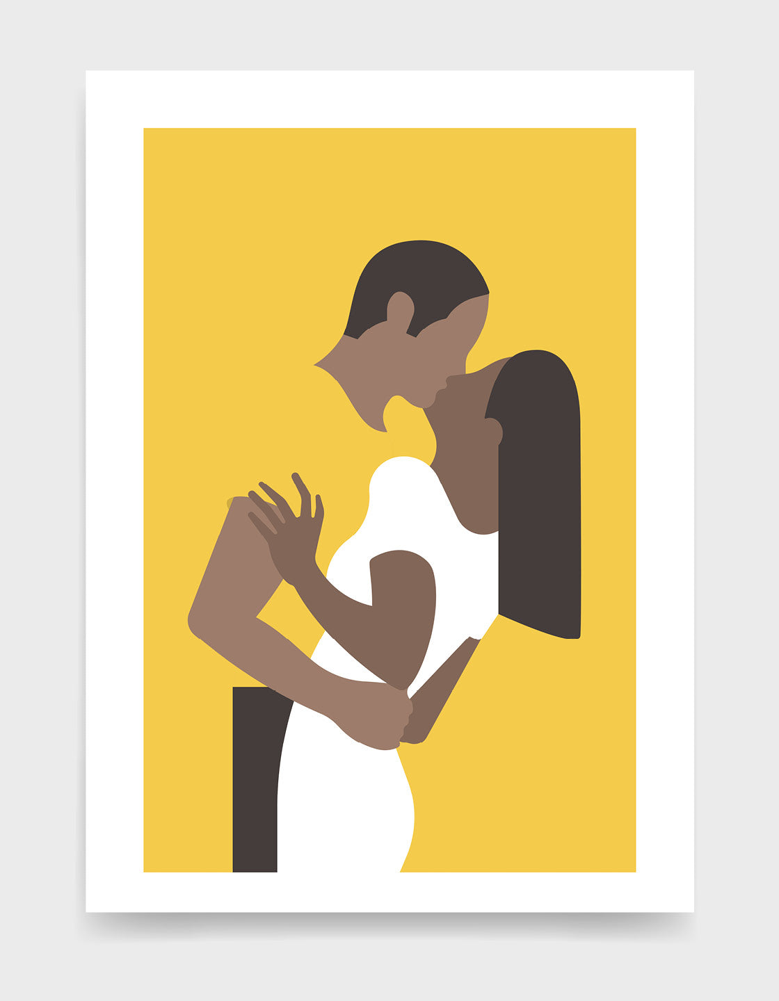 Yellow poster print depicts a couple in an embrace kissing. The woman is on the right wearing a white dress and the man's yellow t-shirt blends with the background