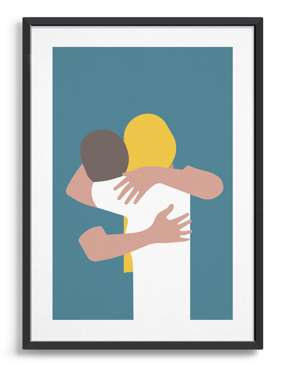 A minimal design art print of a couple embracing against a blue background. The girl has long blond hair and is wearing a white top, the man leans into her neck and wear as teal blue t-shirt