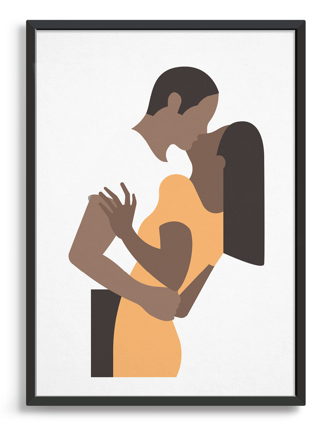 White poster print depicts a couple in an embrace kissing. The woman is on the right wearing a yellow dress and the man's white t-shirt blends with the background