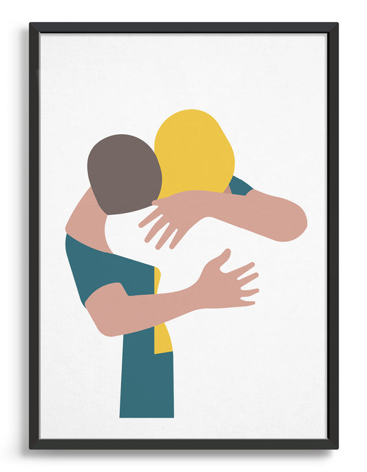 A minimal design art print of a couple embracing against a white background. The girl has long blond hair and is wearing a white top, the man leans into her neck and wear as teal blue t-shirt