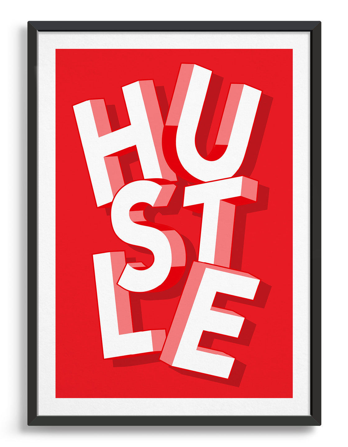 Bold red background with the word hustle in jumbled giant white typography