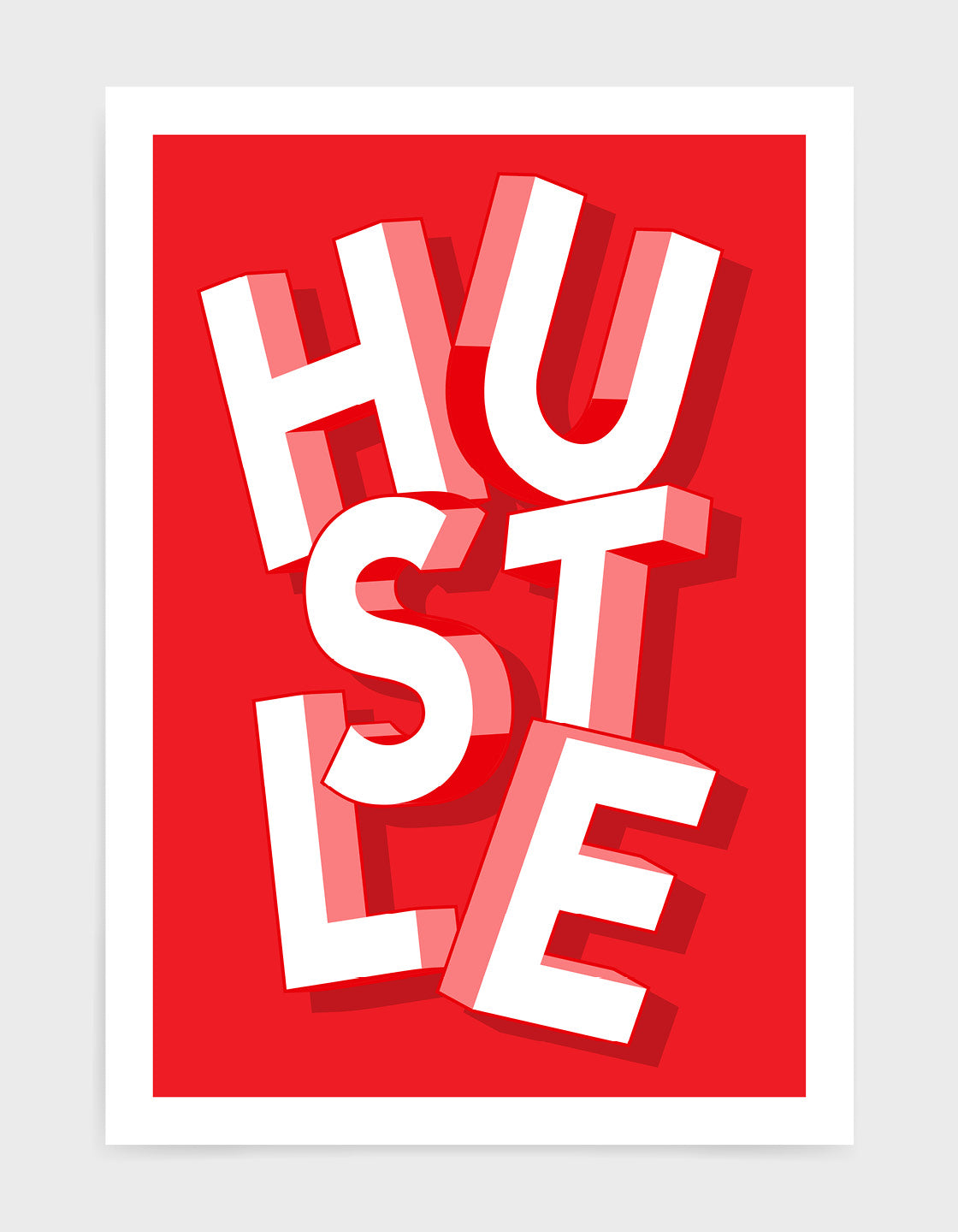 Bold red background with the word hustle in jumbled giant white typography