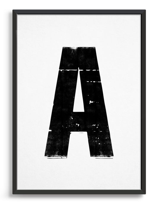 letterpress style alphabet print in blank font against a white background. Image depicts the letter A