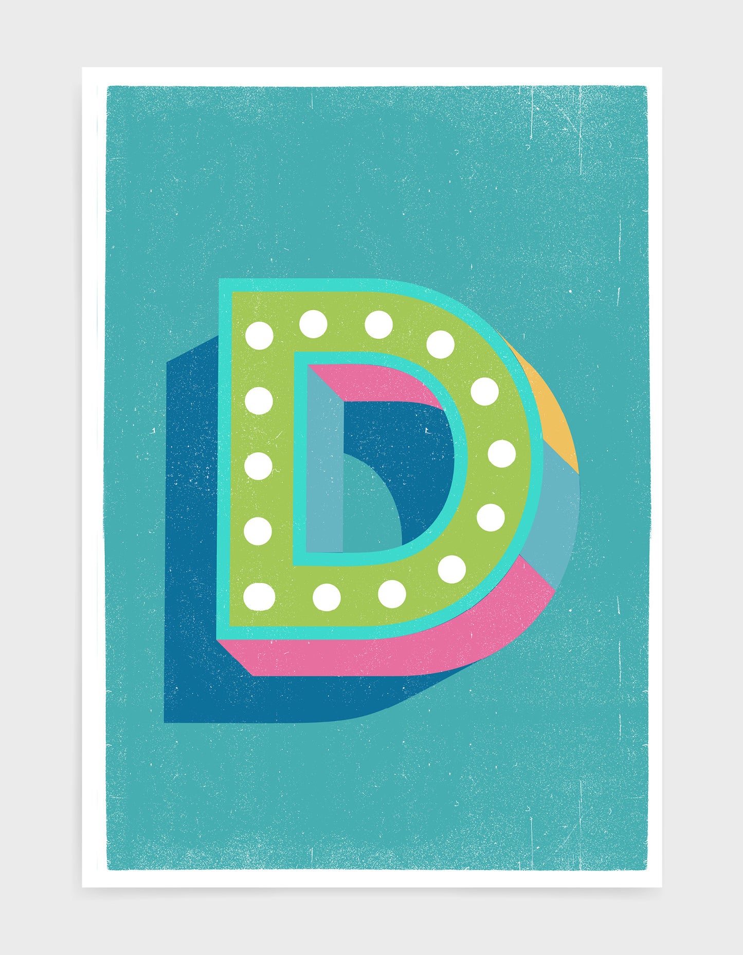 Alphabet print in lights on font against a blue background - letter d