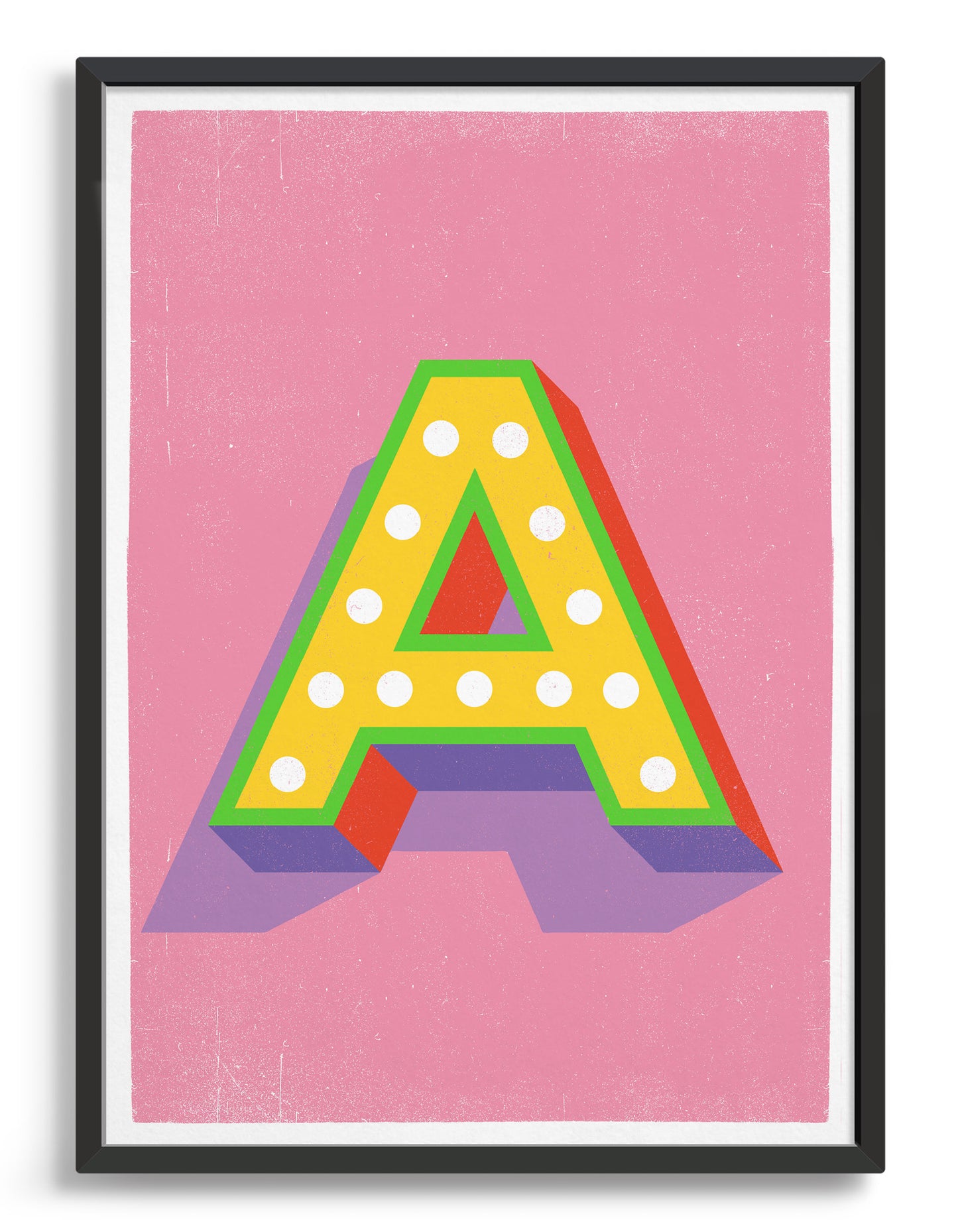 Alphabet print - lights on font in yellow against a pink background - letter a