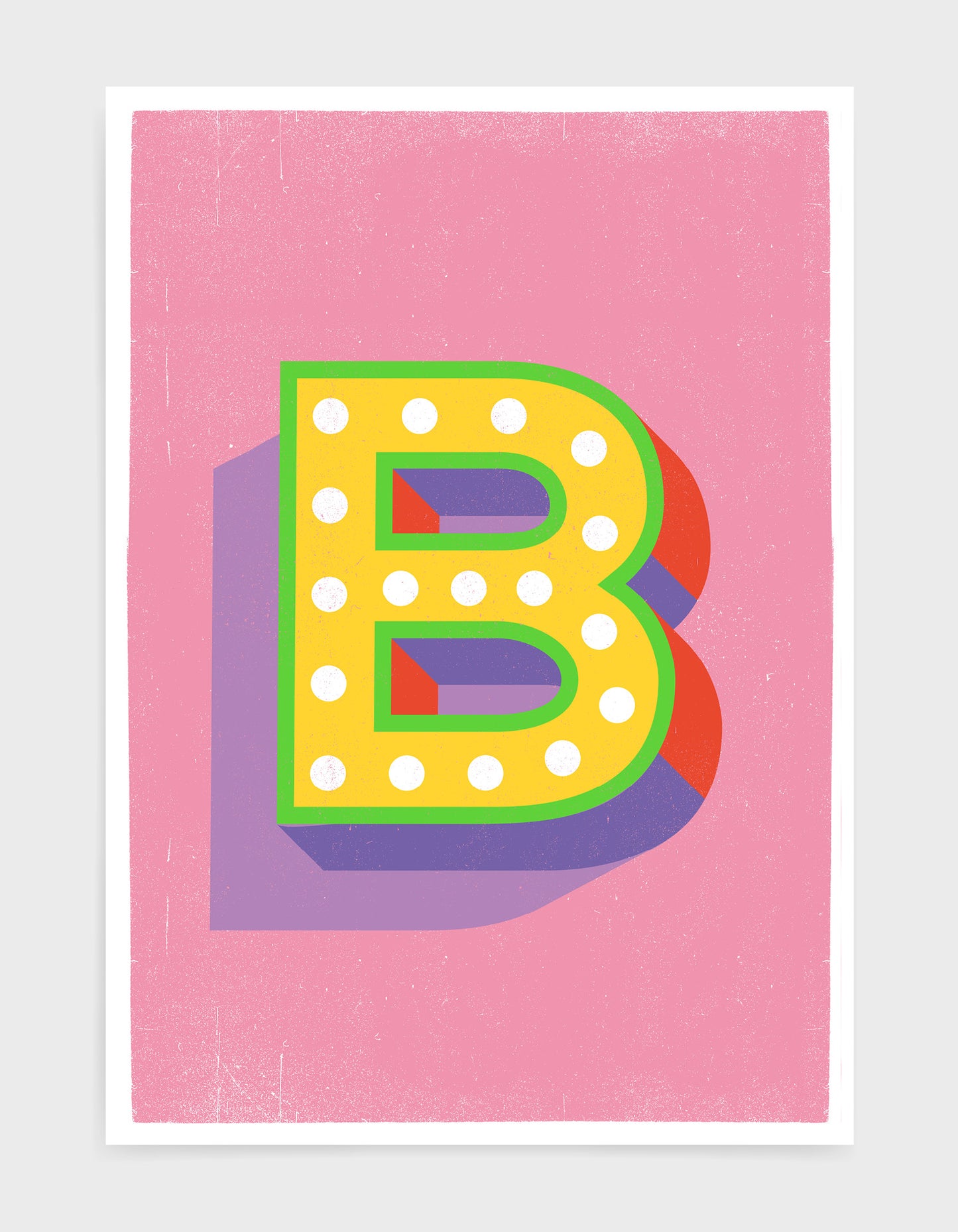 Alphabet print - lights on font in yellow against a pink background - letter b